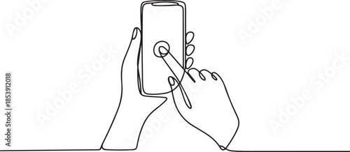 One continuous line drawing of gesture hands holding and touch the screen of smartphone to finish transaction on online shop. Gadget device concept. one line Icon drawing