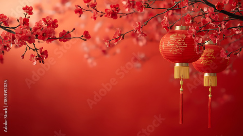 Chinese Lantern with Red Blossoms