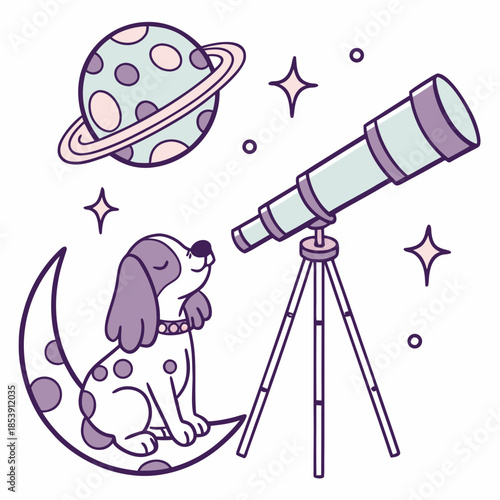 Cute Sleepy American Water Spaniel, accessorized with sitting on a moon, in a Galaxy Dreams world – Starlight Mix palette vector