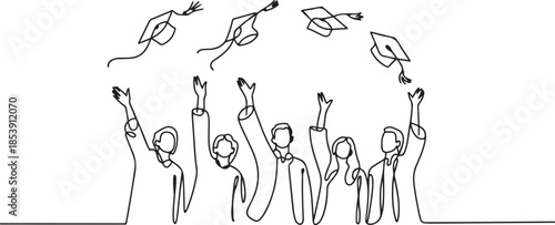 One single line drawing of group of college student throw their cap to the air to celebrate their school graduation. Undergraduate education concept. one line Icon drawing