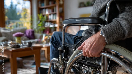 Man's hands resting on wheelchair in library