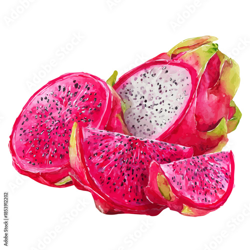 Dragon Fruit Slices in watercolor painting style, vector illustration on white background.