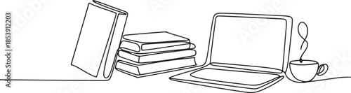 One continuous line drawing of stack of books line up with computer laptop, book and a cup of coffee. Study space desk concept. one line Icon drawing