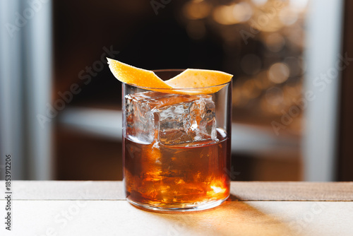 Classic Old Fashioned Cocktail with Orange Peel Garnish