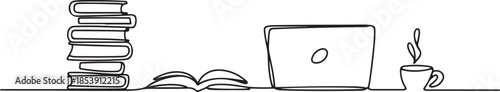 One continuous line drawing of stack of books line up with computer laptop, book and a cup of coffee. Study space desk concept. one line Icon drawing