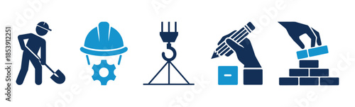 Construction Icon Vector Set. Professional worker building brick wall symbol and industrial builder concepts for architectural development and home renovation projects.