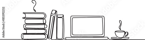 One continuous line drawing of stack of books line up with computer laptop, book and a cup of coffee. Study space desk concept. one line Icon drawing