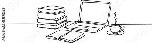 One continuous line drawing of stack of books line up with computer laptop, book and a cup of coffee. Study space desk concept. one line Icon drawing
