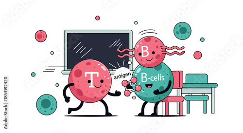 Engaging cartoon illustration of T-cell and B-cells interacting for immunological research