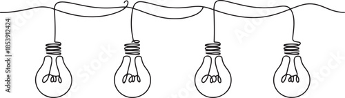 One continuous line drawing of hanging lightbulbs on house ceiling rooftop. Poster for wall decor interior design. one line Icon drawing