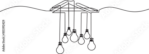 One continuous line drawing of hanging lightbulbs on house ceiling rooftop. Poster for wall decor interior design. one line Icon drawing