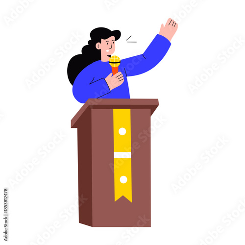 A flat style illustration showing a person giving speech