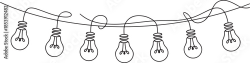 One continuous line drawing of hanging lightbulbs on house ceiling rooftop. Poster for wall decor interior design. one line Icon drawing