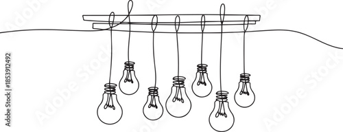 One continuous line drawing of hanging lightbulbs on house ceiling rooftop. Poster for wall decor interior design. one line Icon drawing