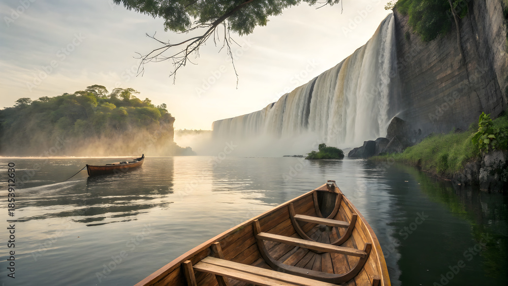 Fototapeta premium Photorealistic waterfall landscape with floating wooden boat and island house, cinematic view