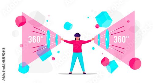 Experiencing immersive 360 virtual reality, surrounded by abstract geometric shapes and vibrant