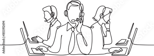 One continuous line drawing group of male and female telemarketing team members calling new customers to offer new product. one line Icon drawing