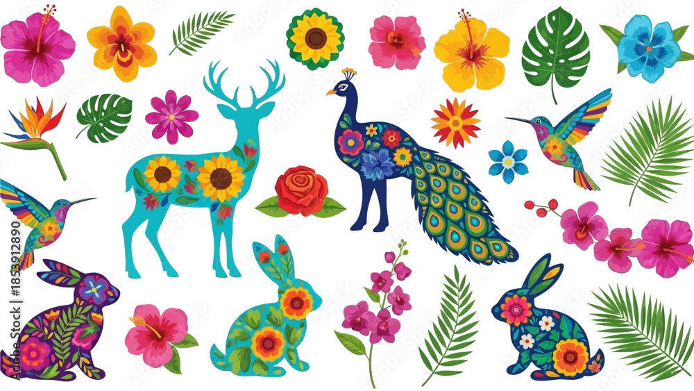 Obraz premium Mexican Otomi Style Folk Art Animal and Floral Canvas Featuring Peacock Deer Rabbit and Hummingbird Silhouettes with Intricate Embroidery Patterns for Bohemian Wedding Design