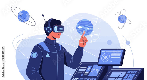 Exploring virtual space with virtual reality headset, discovering new worlds and technologies