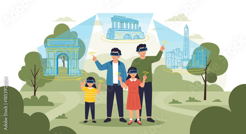 Family virtual reality tour of international landmarks for immersive educational experiences