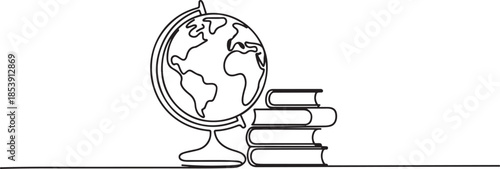 Earth globe beside books stack. Continuous one line drawing minimalist vector illustration design on white background. Simple line modern graphic style. one line Icon drawing