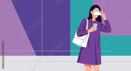 Fashionable woman taking a picture with her smartphone against vibrant backdrop for social media