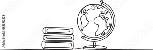 Earth globe beside books stack. Continuous one line drawing minimalist vector illustration design on white background. Simple line modern graphic style. one line Icon drawing