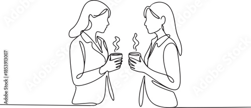 Single continuous line drawing of two young female worker have a casual chat over drink coffee during office break. Having small talk at work concept. one line Icon drawing