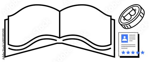 Open book with curved pages, coin symbol with dollar sign, and personal profile document with a star-based rating. Ideal for education, finance, identity management, security, data analysis, career