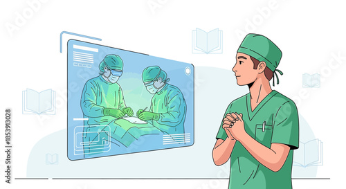 Future of medical education: Young doctor watching surgery simulation with augmented reality