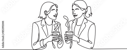 Single continuous line drawing of two young female worker have a casual chat over drink coffee during office break. Having small talk at work concept. one line Icon drawing