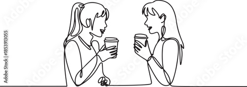 Single continuous line drawing of two young female worker have a casual chat over drink coffee during office break. Having small talk at work concept. one line Icon drawing