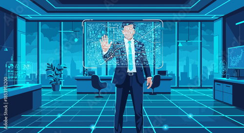 Futuristic boardroom presentation featuring augmented reality interface and cityscape backdrop