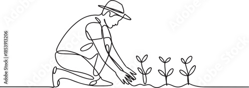 Single continuous line drawing young male farmer planting plant shoots in the ground. Start the planting period. Minimalism metaphor concept. one line Icon drawing