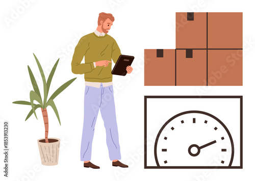 Man using a clipboard to assess boxes near a potted plant and speedometer. Ideal for logistics, inventory, management, productivity, supply chain, efficiency, organization. Simple flat metaphor
