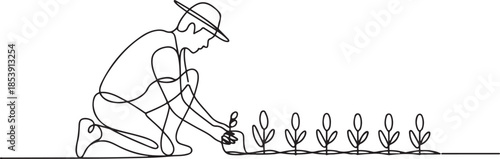 Single continuous line drawing young male farmer planting plant shoots in the ground. Start the planting period. Minimalism metaphor concept. one line Icon drawing