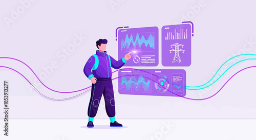 Futuristic energy management interface showcasing a specialist optimizing power distribution