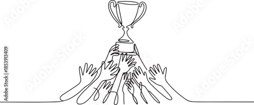 Continuous one line drawing trophy held by many hands. Symbol of winning championships, matches and sports competitions. one line Icon drawing