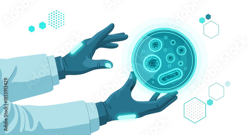 Futuristic laboratory: Scientist examining petri dish with bacteria, advanced research