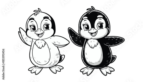 Vector illustration of cartoon penguin black and white drawing For children to learn to color according to the picture.