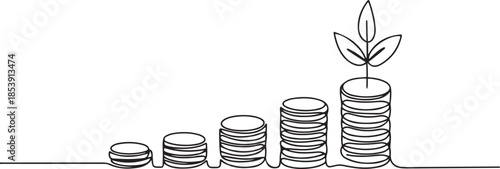Single continuous line drawing step of coins stacks, money, saving and investment or family planning. Concept for return money saving and investment. one line Icon drawing