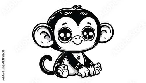 Vector illustration of cartoon Monkey black and white drawing For children to learn to color according to the picture.