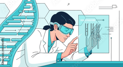 Futuristic medical researcher using digital interfaces for DNA analysis and drug discovery