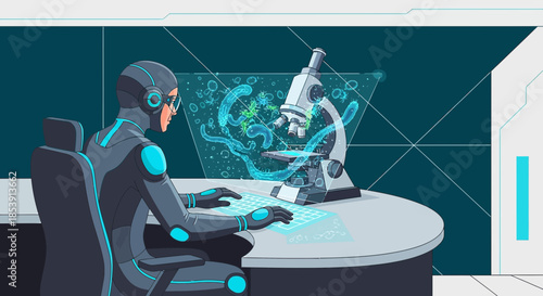 Futuristic researcher analyzing microorganism through advanced technology interface in laboratory
