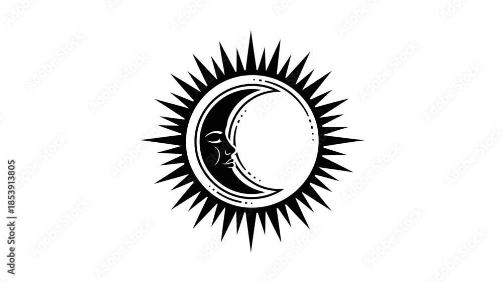 Fototapeta premium Stylized black and white illustration depicting a crescent moon with a serene face, embraced by a radiant sunburst.