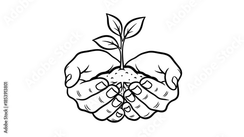 Cupped hands gently cradle a small seedling emerging from a mound of earth, symbolizing growth and care.