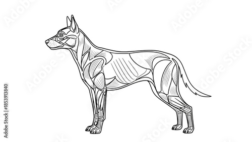 High-quality black continuous line art of dog showing simplified muscular anatomy in side view, canine anatomy, veterinary illustration, educational diagram