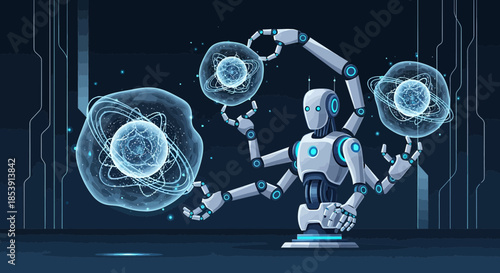 Futuristic robot manipulating glowing orbs, embodying advanced technology and scientific exploration