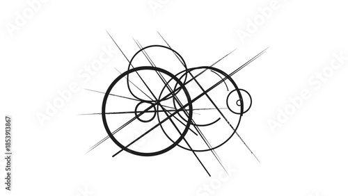 Dynamic abstract geometric artwork with intersecting black circles and radiating lines on a white background.