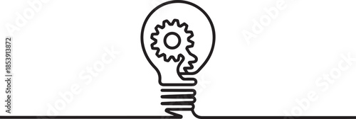 One single line drawing of lightbulb with metal gear wheel inside for machine company logo identity. Creative automotive workshop icon concept. one line Icon drawing